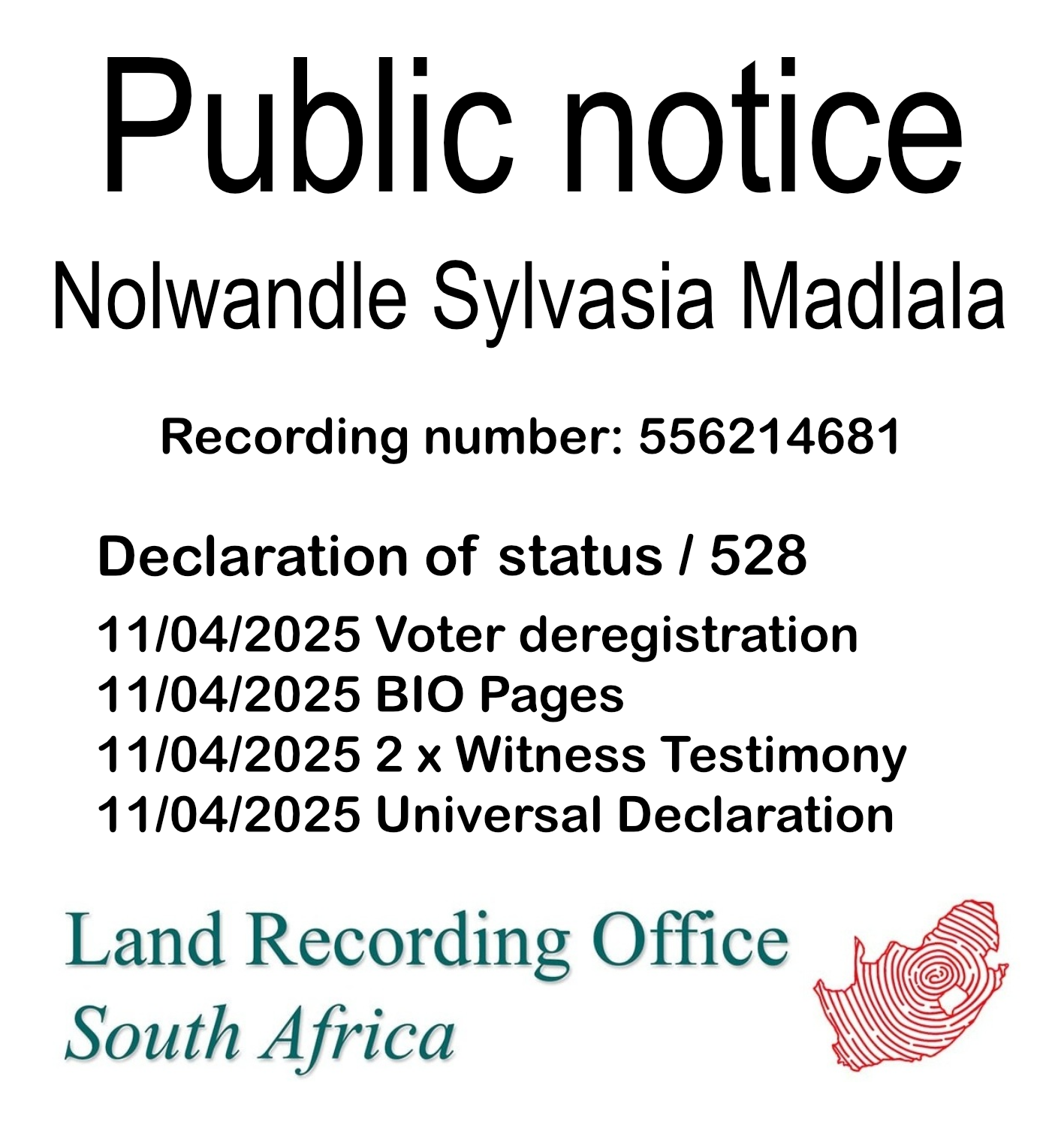 Public Notice Nolwandle Sylvasia Madlala (c) Recording number 556214681